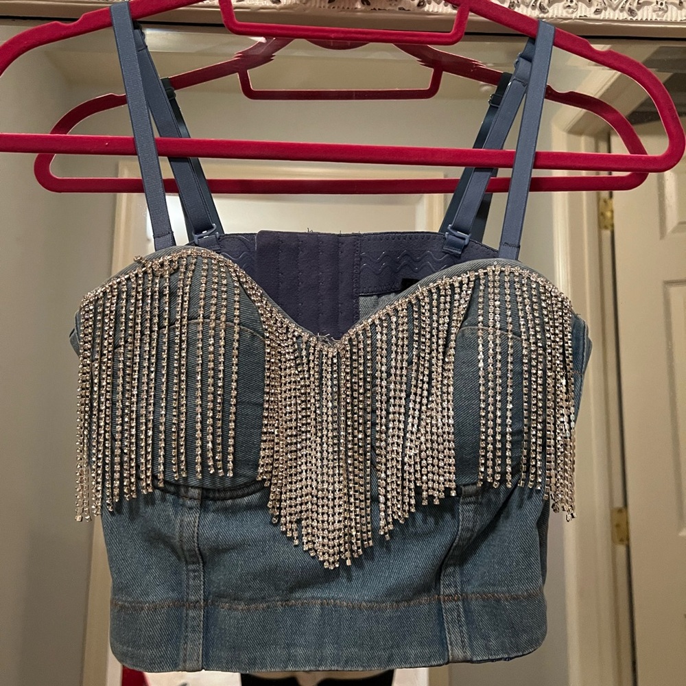 Rhinestone Fringe Denim Crop Top